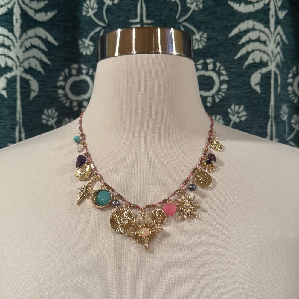 Camila Coelho Gold Pink Pearl Jade Turquoise Amethyst Charm Necklace NWT - Picture 4 of 14